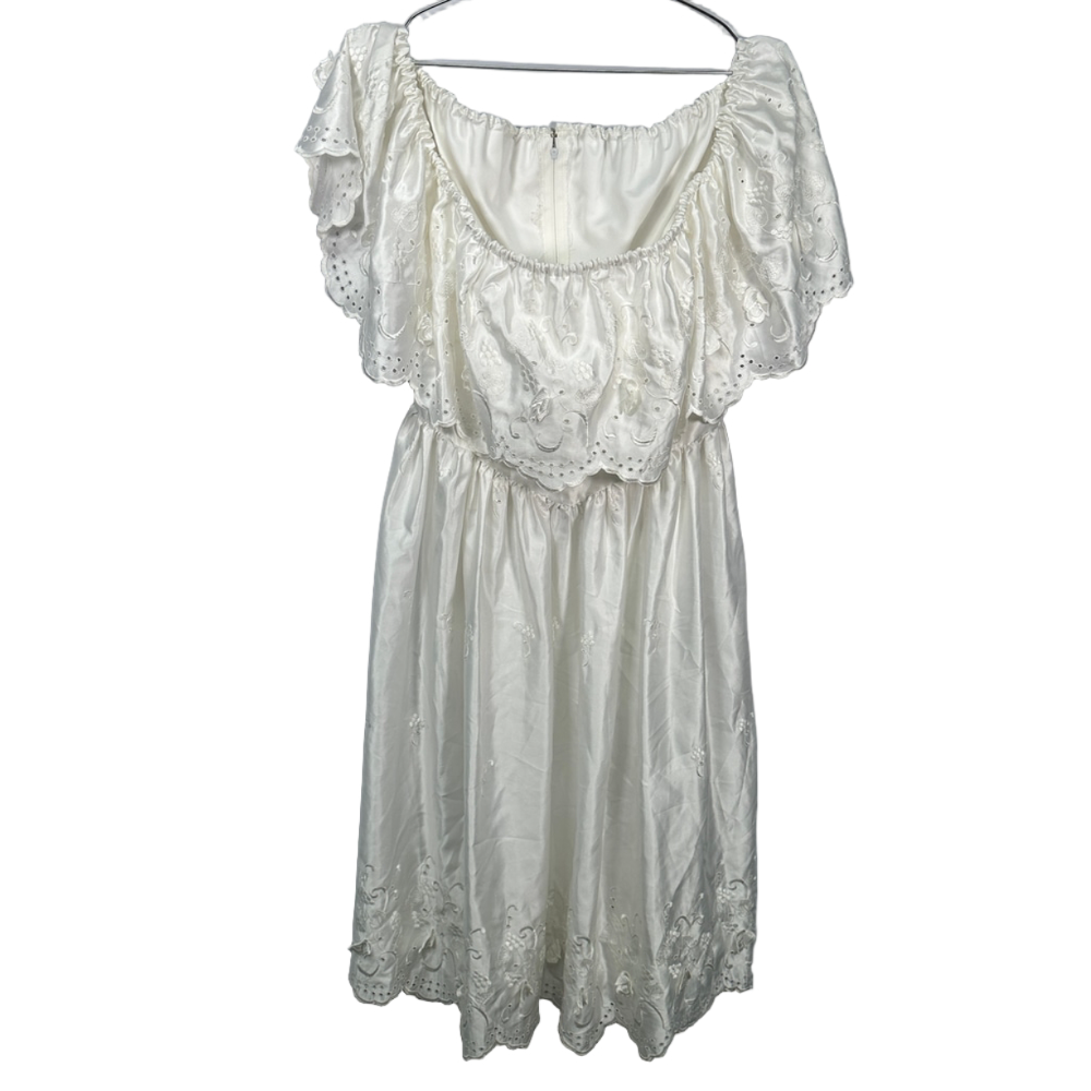 Vintage White Satin off the shoulder‎ 80's Bridal Dress Large